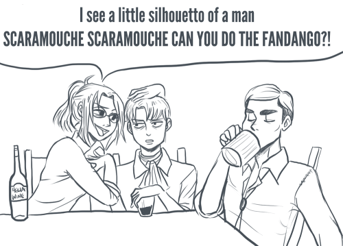 drinkyourfuckingmilk:  BUT WHY DO THEY HAVE TO SING BOHEMIAN RHAPSODY AT 3AM? this is the night the 104th dread the most though Armin thinks Erwin is improving his pitch 