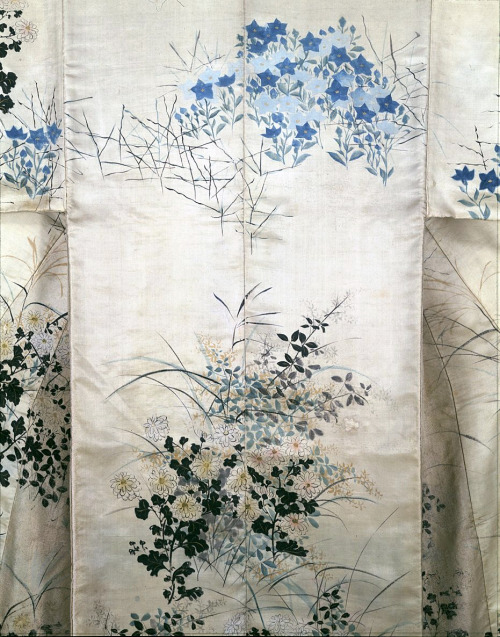 Kosode (proto-kimono).  Design of flowering plants of autumn on white ground.  Hand painted by Ogata