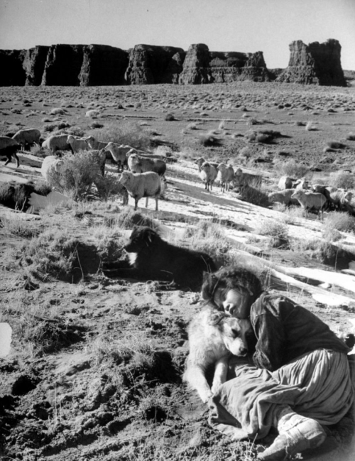 kvetchlandia:Leonard McCombe     Young Girl Hugging Her Dog While Herding Sheep On the Reservation, 