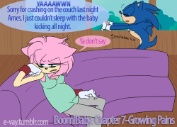 e-vay:  Boom!Baby Chapter 7: Growing Pains Amy really starts to experience the… “blessing” that is pregnancy. You’re almost done, Cookie! (The song in the final panel is “Sunshine Hair” by Jennifer Yeung and is a very important song to me)
