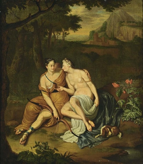 Willem van Mieris (1662 - 1747)Diana and Callisto in a classical landscape