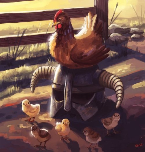 skyrimaddiciton:Hen with a helmet by OrsaTheSimurgh