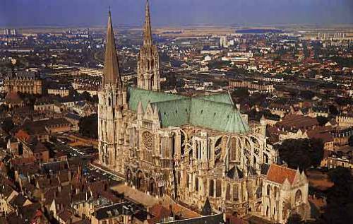 Aerial view from the northwest of Chartres Cathedral, Chartres, France, begun 1134; rebuilt after 11