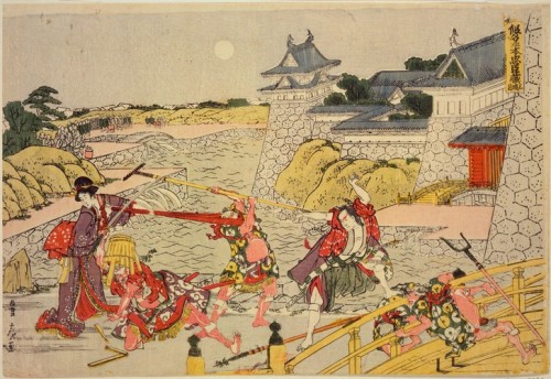 Night Scene Outside the Kamakura Castle with Bannai Attacking Kanpei, Act 3 from the series Treasury