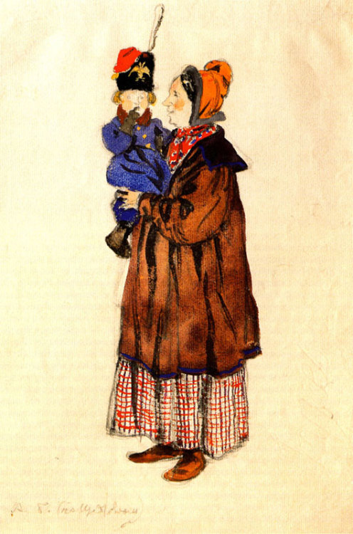 Nurse and child. Costume design, 1911, Alexandre BenoisMedium: graphite,watercolor,cardboard