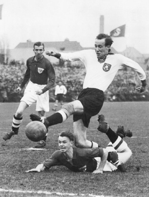 worldhistoryfacts: Denmark plays Germany in a soccer match in Hamburg, November 1940. Germany had oc