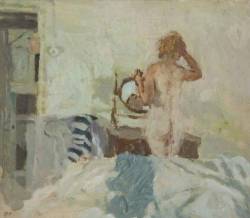 kundst:  Bernard Dunstan (UK 1920) Dunstan is currently (2015) the longest serving Royal Academician  Woman brushing hair 