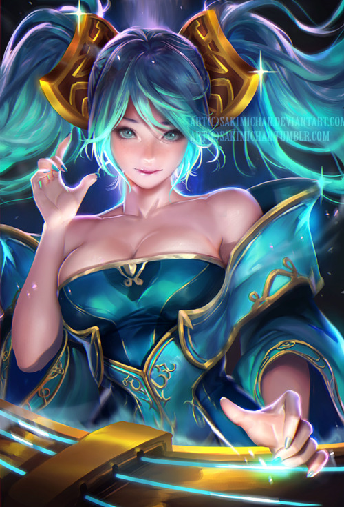 sakimichan:  Sona’s adorable :D  I wanted to paint her classic skin. This was really refreshing to do as I kind of went back a bit to my paintery style : ) and as always really like the blue/purple combo !NSFW/Normal versions, psd, high-res JPG, Vid