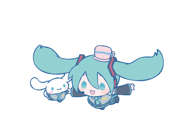 a cool toned image of miku and cinnamoroll in the air with their hair and ears respectively like wings keeping them afloat