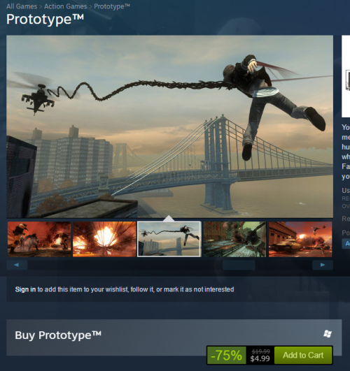 just a heads up that prototype is $5 on steam, discounted down from $20 for the holiday sale! (or if