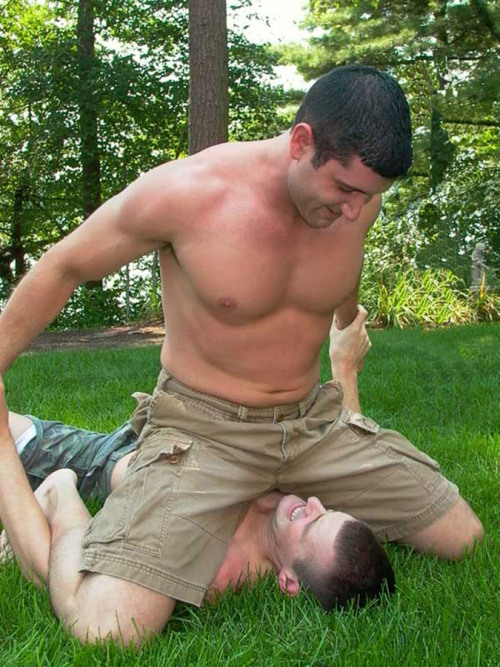 piledriveu:  fun horsing around match outside…..strip the shirts off, wrestle in shorts, one dude pinning the other on the grass, having a fun bromance frat horsing around match……but we will c if the bottom dude is still laughing when the winner
