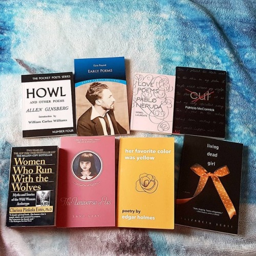 Perfect wakeup call. 📚 #book #books #bookworm #bibliophile #booklover #bookstagram #booksofig #allenginsberg #ezrapound #pabloneruda #patriciamccormick #clarissapinkolaestés #langleav #edgarholmes @langleav #elizabethscott #poems #poetry #fiction