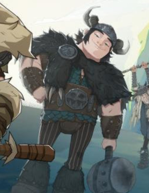 2D artwork of Snotlout in his HTTYD2 design, holding a hammer and smirking.