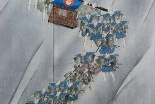 Kitsune procession under a rainy sky (this one loks like a daimyo gyoretsu), beautiful unusual vinta