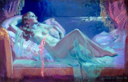 artbeautypaintings:Reclining nude in lingerie - Howard Chandler Christy