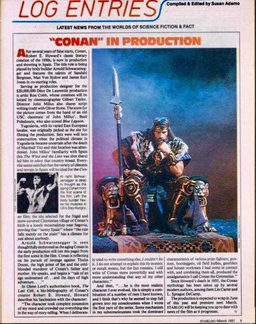 Starlog magazine article that announced they were making a Conan the Barbarian movie in March, 1981.