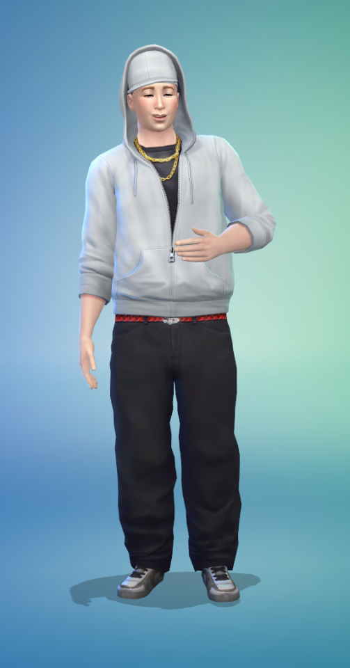kamamoto rikio remade in the sims 4, with his eyes closed and hand over his stomach in CAS (animation for the glutton trait)
