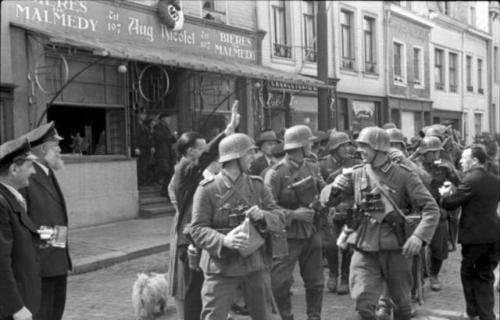 German soldiers are welcomed into Malmedy, a region lost to Belgium after WW1 (May, 1940).