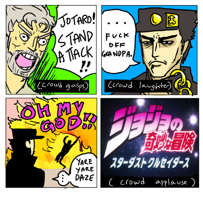 gayemodad:  old drawings i did for the #jojo69min sitcom prompt 