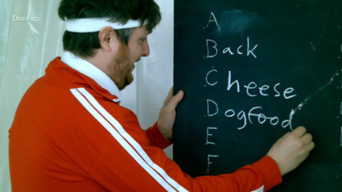 taskmastercaps:[ID: Four screencaps of Tim Key on Taskmaster, writing an alphabetical list of cookin