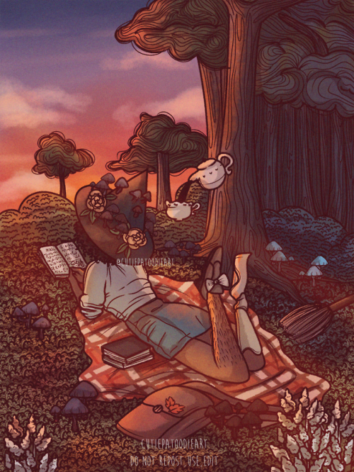 cutiepatoodieart:lil disabled forest witch taking a break with some tea and a good book ♡[ID: A