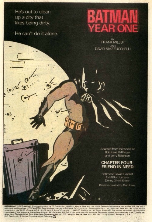 ungoliantschilde:  Batman, Vol. 1 #s 404-407 frontispiece splashes by David Mazzucchelli, Frank Miller, Richmond Lewis, and Todd Klein. 