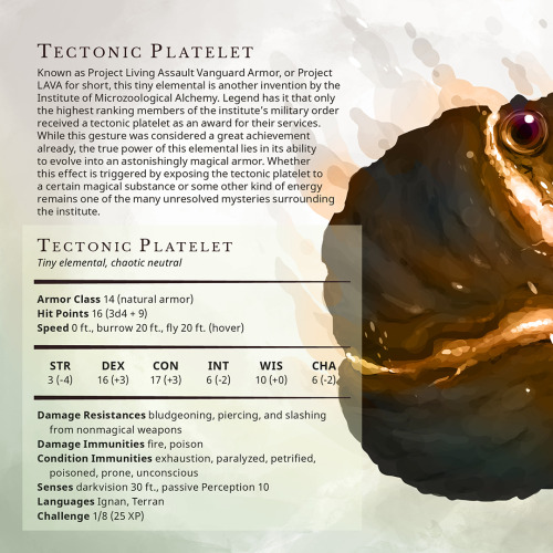 Tectonic Platelet – Tiny elemental, chaotic neutralKnown as Project Living Assault Vanguard Armor, o