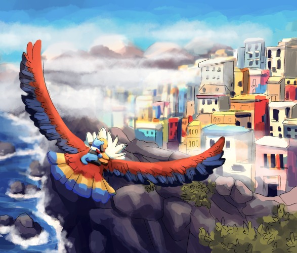 Close up of the Pokémon lugia focusing on the feet in a blue sky background