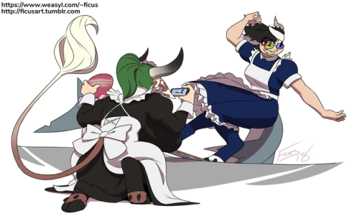 ficusart:   Commission for  NoSleepNeeded, Sunnet,  EraDragon,  Balina,  Pathia, pinkottr, and halowildcat14  Taurus got a lot of the other maids together to dress like maids and go skateboarding. She said it was a team building exercise, but there