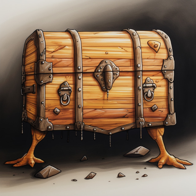 A handsome wooden chest stands on two birdlike legs