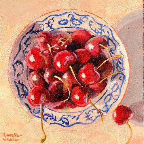 huariqueje: Cherries in Blue and White  -   Kathrine Lemke Waste, 2021American , b. 1950sOil on line