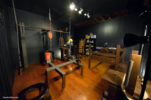 tapedandtortured: I’ve had a few people ask about the playroom - and am happy to show it.  There are 2 rooms, actually, and a walk-in closet that holds a large oak bondage chair.  The pictures above show the upper playroom and closet (wood floors)…