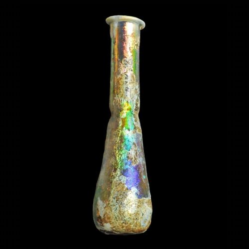 archaicwonder:Iridescent Roman Glass Unguentarium, 1st Century AD