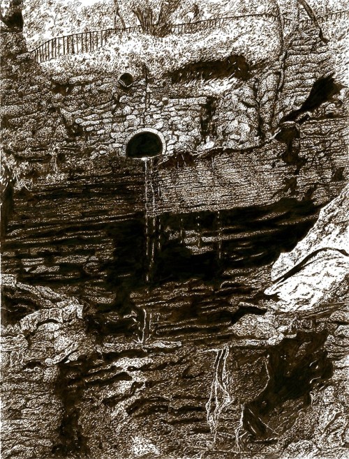 Hidden Falls - St. Paul, Minnesota11 inches by 14 inchesSepia Ink on BristolDrawn with Sakura Micron