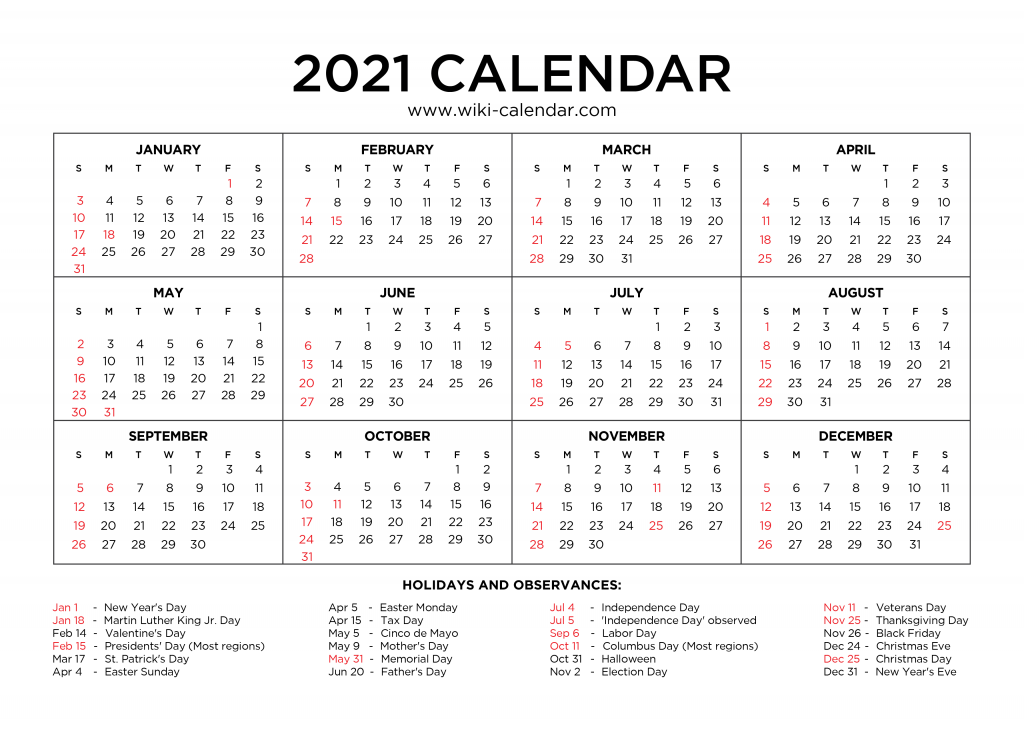 Wiki Calendar — Free Printable Year 2021 Calendar with Holidays