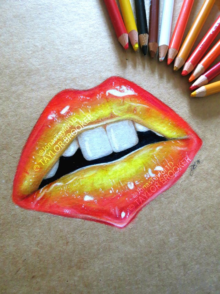 taylorbrookerart:  New 3-hour coloured pencil drawing (Prismacolors) of lips on brown