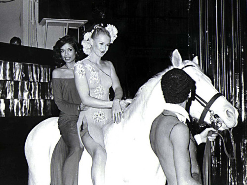 fawnvelveteen: Bianca Jagger riding into her Studio 54 birthday party on a white stallion.