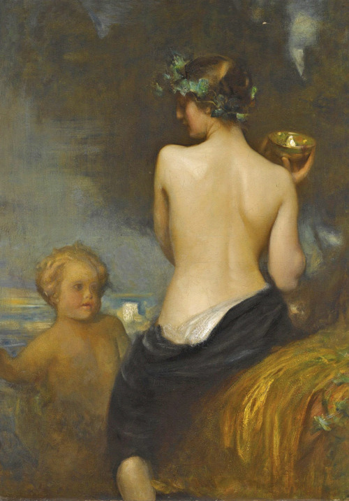 pre-raphaelisme:A Nude Bacchante With a Child Faun by Arthur Hacker.