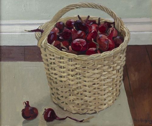 Basket with red onions   -    Sven Ljungberg Swedish, 1913-2010Oil on canvas, 41 x 48 cm.