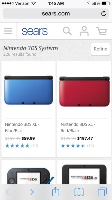 nirvanicdreams:  EVERYONE SAVE THE SCREENSHOT FROM SEARS AND GO TO WALMART AND GET A 3DS XL FOR ONLY ์!!!! They price match online now! Their website was glitching and I just bought this for ONLY ์!!! CRAZY DEAL! GREAT CHRISTMAS GIFT IDEA! goooo NOW!