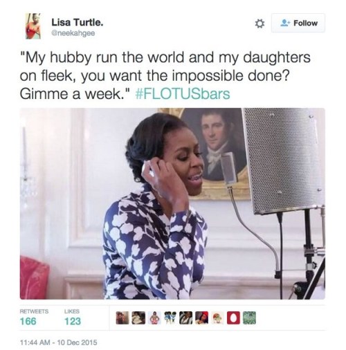 loveremains4eva: baronessvondengler: buzzfeed: #FlotusBars Is The Best Thing You’ll See All Da