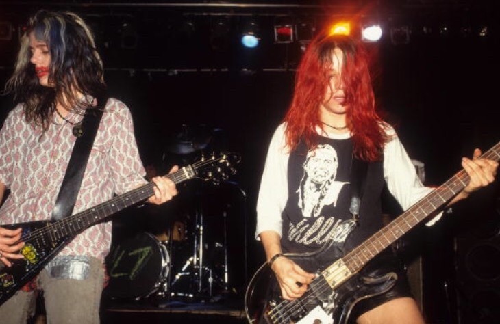 “L7 performs at the Marquee nightclub, 1992.
(Photo by Steve Eichner/Getty Images)
”