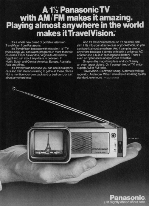 Panasonic, advertisement for TravelVision portable TV, 1968. Just slightly ahead of our time. Japan.