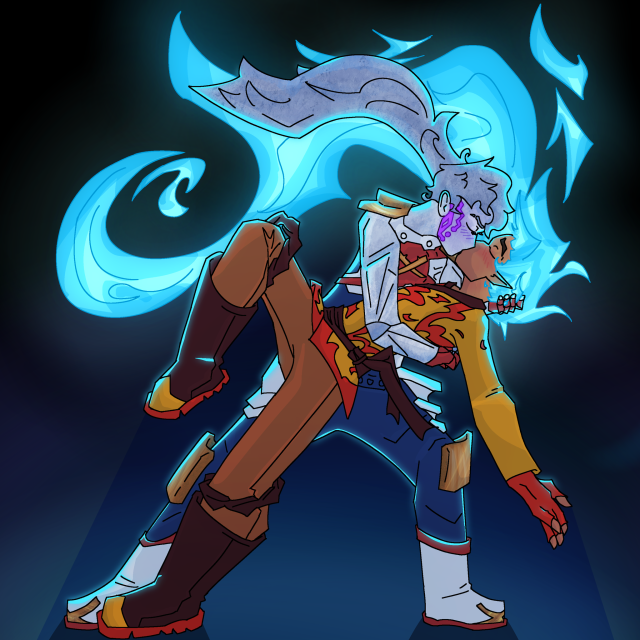 a drawing of Pixal bringing kai into a dip while they're connected into a kiss. Bright blue flames emerge from Kai's hair and flow into the background.