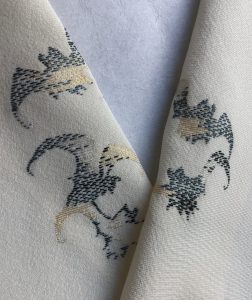 Soft haneri (decorative collars), with cute bats in flight for one, and janomagesa (bull’s eye umbre