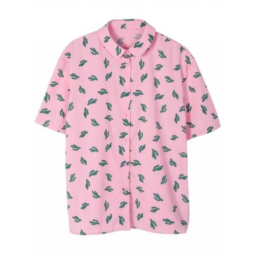 Choies Pink Contrast Cactus Print Short Sleeve Shirt ❤ liked on Polyvore