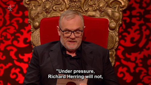 [ID: Three screencaps from Taskmaster. Reading from his notes, Greg Davies says, “Under pressu