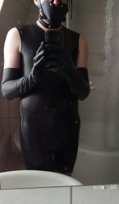 holy-trainer-locked:  lockedtom98:  Some pics from yesterday, playing in my new rubber gear  Sexy rubber boy. Did you wear your chastity device?