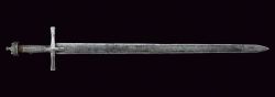 art-of-swords:  Kaskara Sword Dated: 19th century Culture: Sudanese Measurements: overall length 110 cm  The sword has a straight, double-edged, European blade, grooved at the centre of the first part and engraved with sun, moon and stars under the