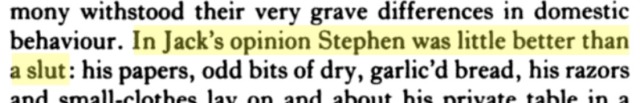 a highlighted quote from the book "Post Captain" which reads "In Jack’s opinion Stephen was little better than a slut"